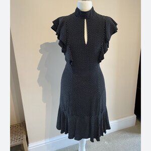 Karen Millen Black White Ruffle Keyhole Tie Neck Dress Size 6